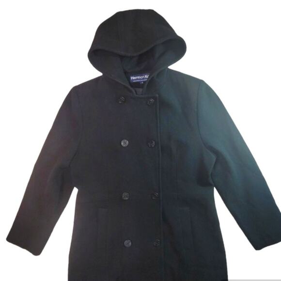 Herman Kay 100% Wool Double Breasted, Hooded, Black Pea Coat Sz S - Picture 1 of 9